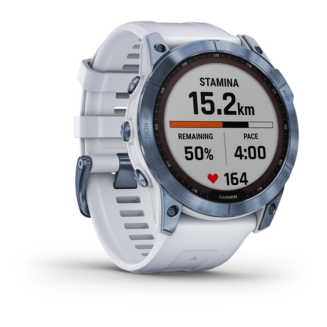 Montres de sport GARMIN, Garmin fenix 7X Sapphire Solar Titane Cobalt Blue  avec Bracelet silicone Blanc