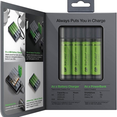 Powertec Chargeur de piles / Batterie Externe - 4*AAA (10.000mAh) Blue