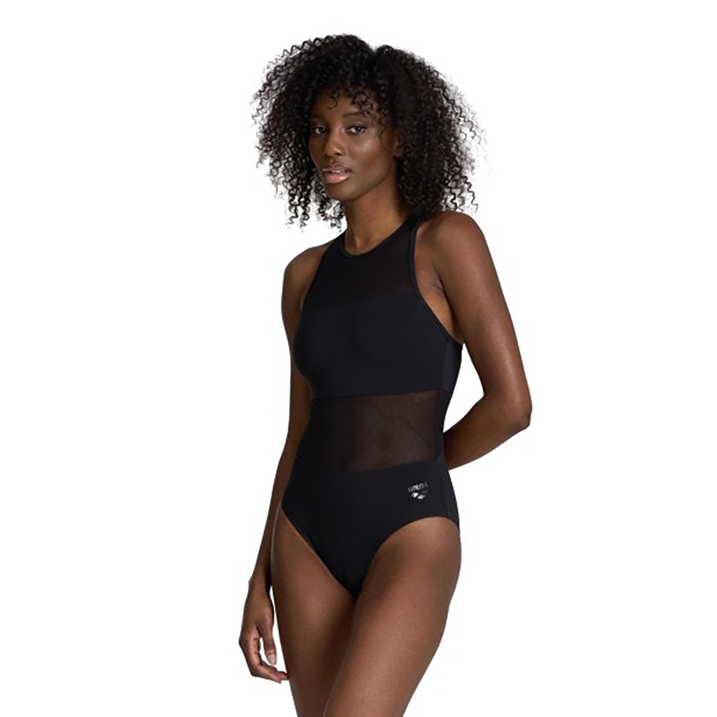 Arena Zwart Maillot De Bain Mesh Angle Swimsuit Vent Back Vrouwen